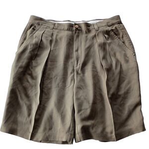 Tommy Bahama Relax Pleated Silk Shorts 36 Olive-Brown Lightweight Bermuda Shorts